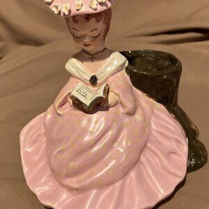 Vintage Ceramic Lady Planter Pink With Beautiful Flowered Hat 5”